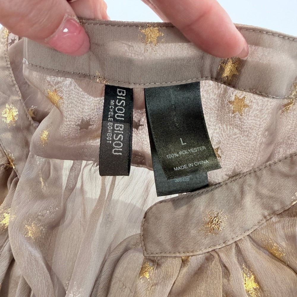 Bisou Bisou Michele Bohbot Gold Starburst Sheer Blouse Taupe Brown L  328C4 - Picture 6 of 7